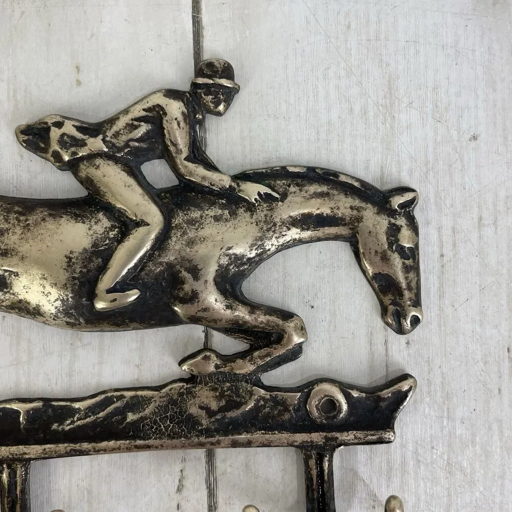 Vintage Brass Horse Rider Wall Hanger Key 6 Hooks